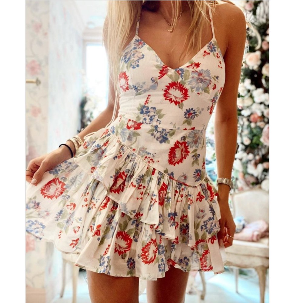 LoveShackFancy ‘Marion’ Mini Dress. White V-Neck with Floral Ruffles
